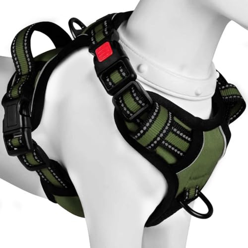 BaoCheng Hundegeschirr Anti Zug Hundegürtel,Kleine/mittlere/große Hunde,Atmungsaktives Mesh, Einfaches Be-und Entladen,3 Schnallen, Sicherheit,Entlastet Husten,Reflektierend(Armeegrün,M)