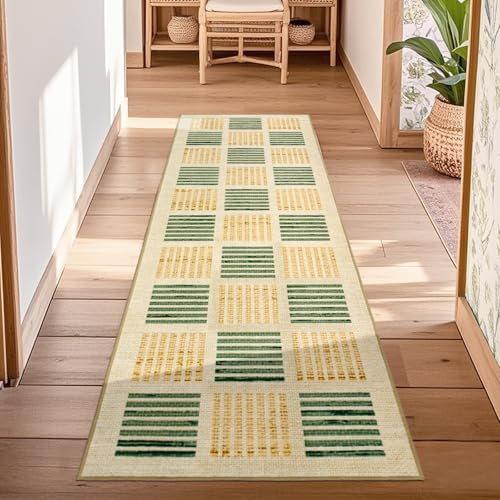 TUKDAK Karierter Teppich Läufer fürs Flur 60x180cm, Waschbarer Rutschfester Teppich mit Gummiunterlage – Moderner Bodenläufer für Küche, Eingangsbereich, Badezimmer, Schlafzimmer, Waschraum (Grün)