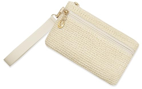 LJCZKA Stroh Portemonnaie Damen Strohtasche Stroh Geldbörse Handtasche Sommer Strandtasche Strand Clutch Böhmische Reisen Urlaub mit Handschlaufe (Beige)