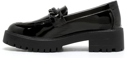 Araz Wear Girls School Shoes - Comfortable Anti-Slip Back to School Uniform Black Patent Loafers Shoes with Chain Detailing, 6 UK