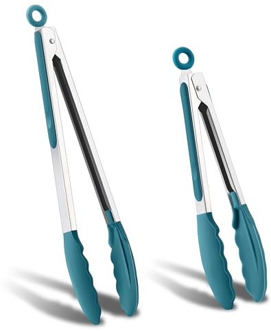 Onader - Pinzas para barbacoa, 2 unidades, acero inoxidable, con punta de silicona, 33,5 cm y 26,5 cm, pinzas para carne, para cocinar, asar, resistentes al calor y aptas para lavavajillas, color azul