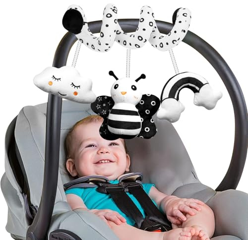 Byffoer Juguete para cochecito de bebé en espiral, juguete para silla de bebé de 0 a 6 meses, cadena para cochecito de bebé en espiral de actividad, color negro y blanco, juguete colgante a partir de