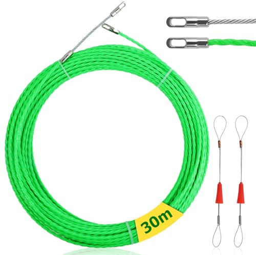 30m Guia Pasacables de Nylon, 4,5 mm Guía de Cable con Muelle de Guía, Retractable Spring Guia Electricista, Guia Pasacables Trenzada con 2 Muelles GuíA, Tiracables de Nylon para Cables Electricos