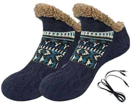 Elektrisch Beheizbare Socken Fußwärmer Fleecefutter Heizsocken für Damen, USB Wärmesocken Hausschuhe, dicke gestrickte Socken, Winter Thermo Hausschuhe für Kalte Füße (Navyblau)