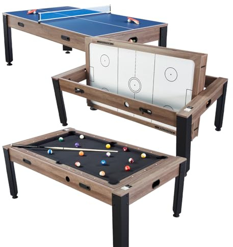 Catenaccio Table multijeux Adulte 4 en 1 Transformable – Billard Americain 7 ft, Air Hockey Électrique, Ping‑Pong & Convertible en Table à Manger – Design Industriel Bois Fumé, Structure Robuste