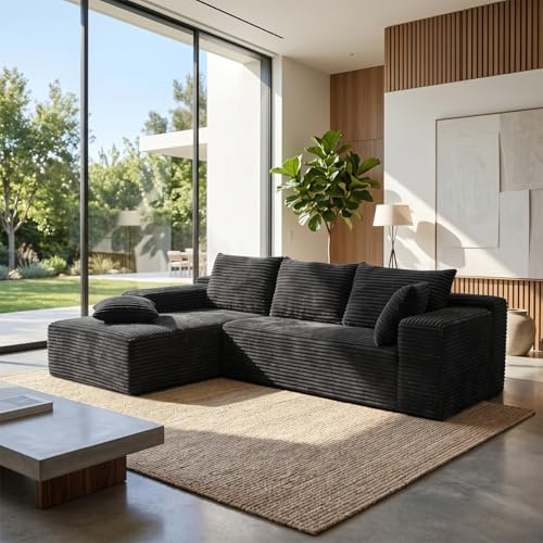 Besbed Sofa Bed with Modular Sectional, L-Shaped Corner Couch with Armrests and Cushions, Corduroy Sectional with Chaise Lounge, for Living Room/Bedroom/Office (Black, L-Shaped)