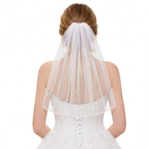 Fibraze Bachelorette Veil for Bride Short Wedding Veil 2-Tier Mini Veils for Bachelorette Party Bridal Veils Headband Gift Bridal Shower Decorations 50cm/19.69 (White)