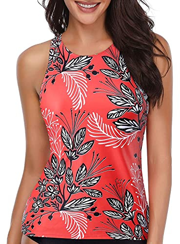 Holipick High Neck Tankini Top Bathing Suit Tops for Women Tummy Control Tank Tops Swimsuits Red Floral L