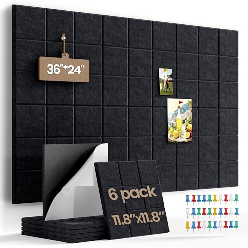 Large Felt Bulletin Board for Walls: 6-Pack Black Cork Board Alternative 11.8x11.8 Inch Peel and Stick Pin Board Wall Decor for Home Organization, Office Memo Board, Self-Adhesive Wall Tiles