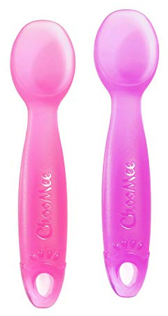 ChooMee Babyskedar, första skeden | Baby LED avvänjning | Skopa och fånga små bitar | Barnläkares godkända steg ett lärande redskap, 100 % silikon tuggvänligt material, BPA-fri | 2 CT | Rosa lila