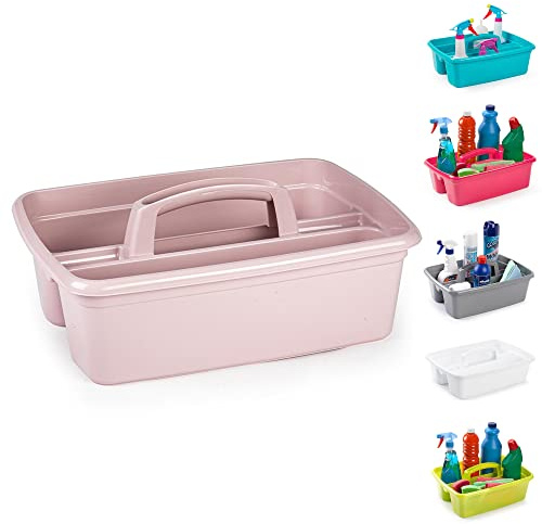 Large Strong Plastic Kitchen Cleaning Carry Tray Caddy Tidy Organiser Cleaning Tool Utility Caddy Storage Gardening Home Bottle Carrier with Handle (Pink)