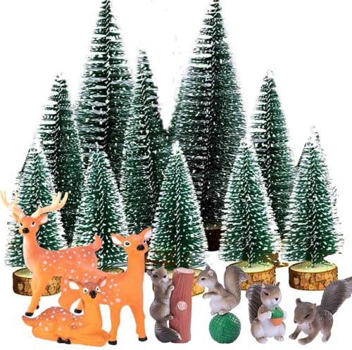 17 Stück Weihnachtsbaum Mini Künstlich+Weihnachten Mini Figuren,Mini Rentier Figur,Künstliche Tanne Mini,Weihnachtsbaum mit Schnee Klein,Mini Tannenbaum Künstlich,Weihnachten Mini Figuren