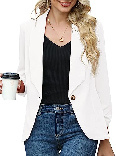PrinStory Blazer para Mujer 3/4 Mangas arrugadas Blazer Negocio Oficina Blazer Traje Deportivo Chaqueta Trench, Blanco, 40-42