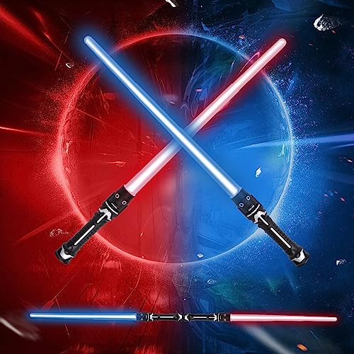 Bohrma Espada Láser para Niños 2 Piezas Sable de Luz Espada Láser 2 En 1 Telescópica y Plegable Laser Star Wars Espada Laser 7 Colores con Sonido para niños LED Light Sabres, Halloween