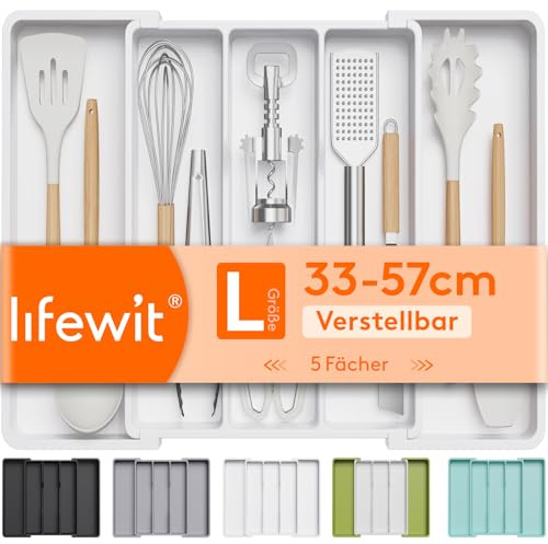 Lifewit besticklåda, förlängningsbar stor besticklåda för köket, justerbar bestickförvaring för silverbestick, plastredskap köksredskap slickepott verktyg och småprylar, Stor, Vit