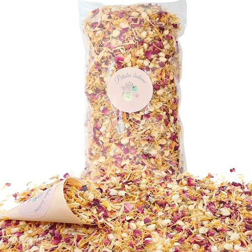 1 litre Confettis de Mariage Fleurs séchées Pétales de Roses, Jasmin, Calendula - Naturels Biodégradables | Décoration de Fêtes, Table Bohème Champêtre Confettis à lancer | France (Jaune, blanc, rose)