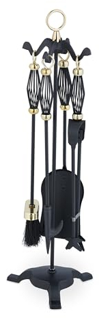 Relaxdays Set 5 Attrezzi da Camino o Stufa, Attizzatoio, Pala, Scopino, Pinza e Supporto Utensili, Ferro, Nero Dorato