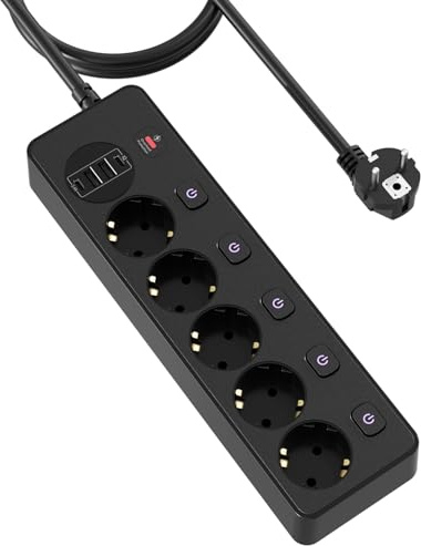 3M Steckdosenleiste einzeln schaltbar,5-Fach Mehrfachsteckdose mit,2 Type_C+2 USB-A,Steckdosenleiste,mit Überstromschutz und Kinderschutz,Steckerleiste mit Schalter für Zuhause,Büro (Schwarz)