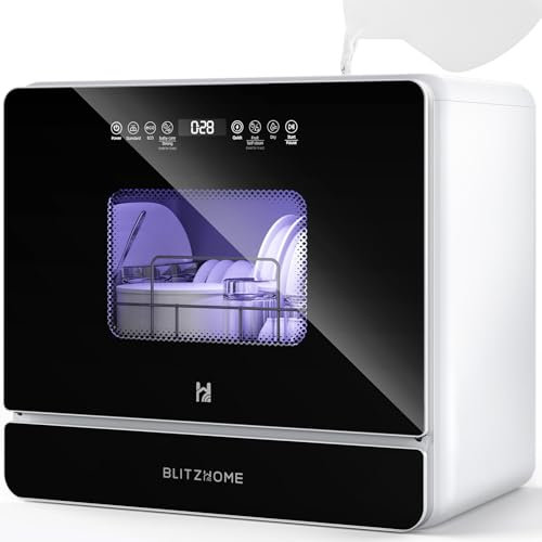 Mini lavastoviglie, BLITZHOME lavastoviglie piccola portatile controllo touch, 9 programmi, serbatoio dell'acqua da 5,2L, utilizzabile con/senza allacciamento idrico, asciugatura, avvio ritardato