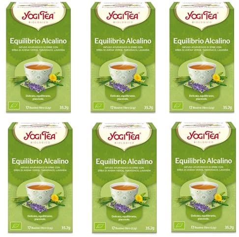 Yogi Tea Tisane, Equilibrio Alcalino Bio, Infuso Ayurvedico di Erbe con Erba d'Orzo, Tarassaco, Lavanda, Confezione da 6x17 bustine di Tè alcalino (102 bustine in totale)