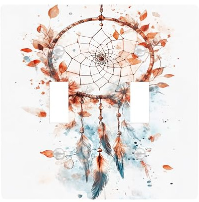 Dreamy Catcher Light Switch Cover Plates/Outlet Covers, Bohemian Orange and Aqua Paint Splatters, Thermoplastic Wall Plates, Standard Size Double Toggle