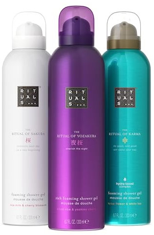 RITUALS Shower Foam Value Gift Pack, Luxury Hydrating Shower Gel Set with Cherry Blossom and Rice Milk, White Tea and Lotus Flower, Yoshino Cherry and Black Rice, 3 x 200ml