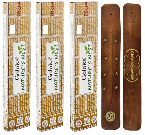 Aromasenses | Nature's Nest Goloka rökelsestavar | 3-pack (15 g vardera) + aromsenses rökelsehållare | Handgjord rökelse för meditation, aromaterapi och avkoppling | Utan kemikalier