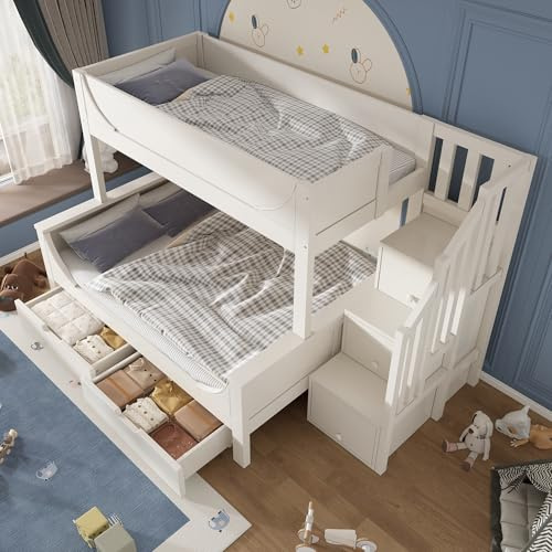 Miyemo Bunk Bed for Kids, Triple Sleeper Bed Frame with Storage Drawers & Storage Stair, Staircase Bunk for Family with Multiple Children, 90+135x190cm, White, (No Mattress)