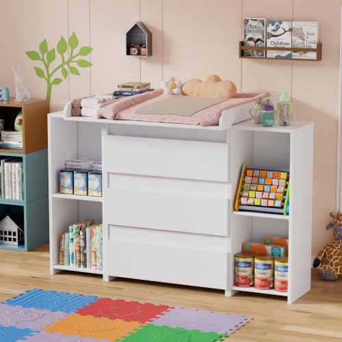 Table à Langer Bébé 2 en 1 Commode avec Plan Amovible, Ensemble Meuble à Langer pour Bébé avec 3 Tiroirs et 6 Ouverts,Meuble de Rangement Évolutif pour Chambre Enfant73x70x78cm/113x32x70cm, Blanc