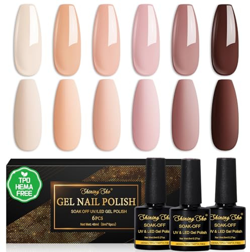 Shining She UV-Nagellack naken, TPO-FRI HEMA-FRI, 6 färger naken gel nagellackset - ljusbeige persika ljusrosa lila mörkbrun soak-off UV-gel nagellack för nybörjare present nagelkonst DIY, 8 ml