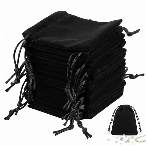 20 Pezzi Sacchetti di Velluto Nero 10x12cm, Sacchettini Regalo con Coulisse per Gioielli, Piccole Bustine in Tessuto Floccato per Bomboniere, Orologi e Bigiotteria