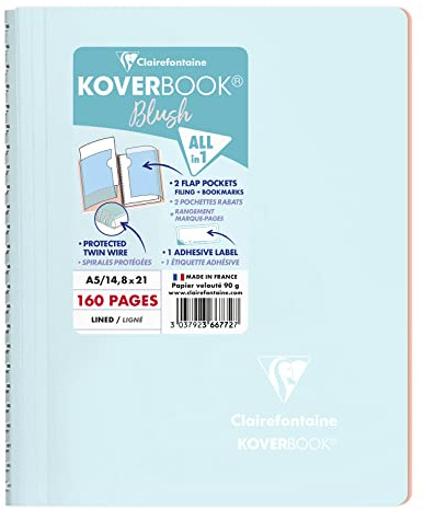 Clairefontaine 366772C - One Spiral Notebook Koverbook Blush Frosted Blue - A5 14,8x21 cm - 160 Lined Pages - Paper White 90 g - Enveloping Polypro Cover