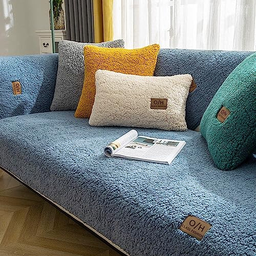 LINGKY Samt Sofabezug 1 2 3 4 Sitzer, L Form Sofaüberwurfe, Ecksofa Sofa überzug Pets Dog Couch überzug Anti-rutsch Sofaschutz, Ultra Weicher Sofaschoner (Blau,70x70cm/Quadrat)