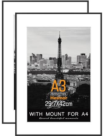 Hesmor A3 Picture Frame Aluminum Acrylic in Black, A3 Photo Frames 12 x 16.5 inch/29.7 x 42 cm Size A3 Frame with Clear Plexiglass for Wall Mounting, Set of 2 A3 Poster Frame with Mount for A4 Print