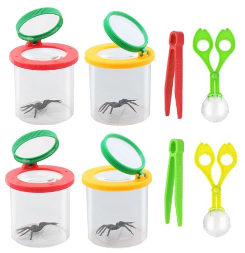 Abiemuce 8 Stück Becherlupen Set für Kinder mit 2 Pinzette und 2 Insektenfänger Scherenzange - Lupenglas Behälter für Wissenschaft Outdoor Natur Erkundung