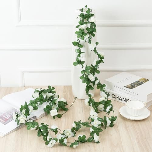 Künstliche Blume Girlanden,2er Rosen Girlande,Gefälschte Rose Vine Girlande,Blumengirlande Hochzeit,Fake Girlande,Künstlich Blumen Rose Girlanden,Hängende Girlande für Party Garten Dekor,8FT (Weiß)