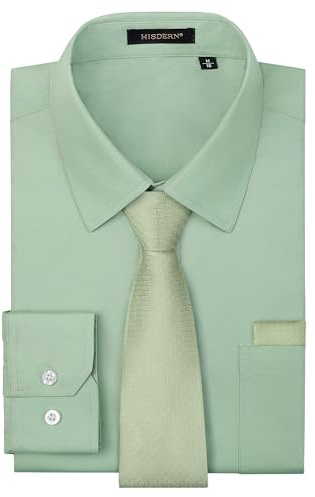 HISDERN Chemise Vert Sauge Homme avec Cravate Formelle Chemises Costume Manches Longues Mariage Business Regular Fit 3XL