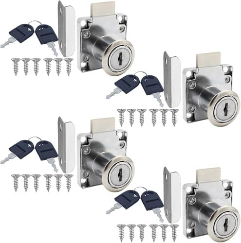 Cerradura de armario con llave, cerradura para muebles, cerradura de leva, para cajones y armarios, cerradura de taquilla de acero inoxidable con llave, 22 mm, 4 unidades, color plateado