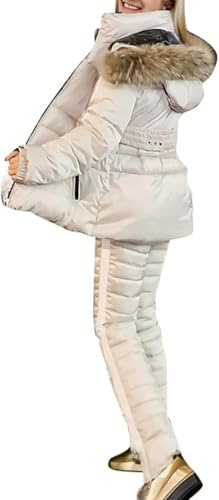 Ensemble Veste et Pantalon de Ski d'hiver pour Femme Pantalon de Neige Coupe-Vent avec Capuche Amovible Veste pour vêtements de Ski Ensemble décontracté (Almond,M)