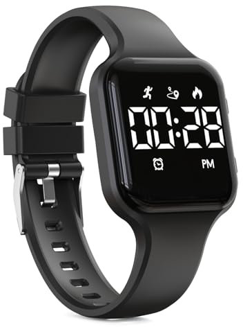 Focwony Kids Digital Watch Steps Counter Waterproof Fitness Tracker Wristwatch with Pedometer LED Display Stopwatch for Kids Boys Girls Teenager (Black)