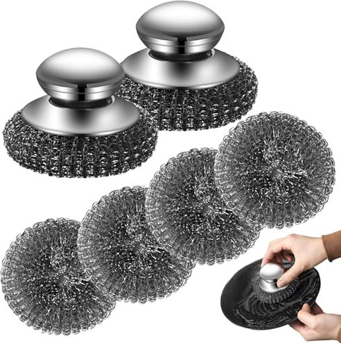 Stainless Steel Scourer With Handle, 2PCS Steel Wool Scrubber with 4 Replacement Pads, 10 CM Stainless Steel Scrubber, Big Metal Wire Wool for Cleaning Kitchen Pots Pans Grills Sink