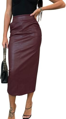 LLECDASEUI Gonna Lunga in Ecopelle da Donna Bodycon vita Alta Matita Sottile Controllo della Pancia Gonna Midi con Tasche (Rosso,XL)