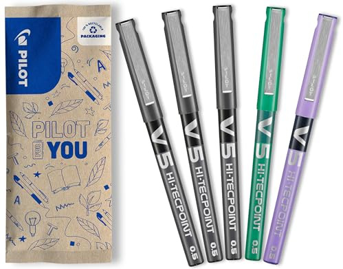 PILOT - Set di 5 V5 - Penna roller con Inchiostro liquido e punta Fine per una scrittura fluida e precisa - Asciugatura rapida, non sanguina - 3 Nero, 1 Verde, 1 Viola - Punta Fine (0,5 mm)