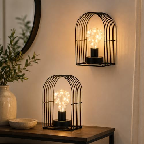 JHY DESIGN Set of 2 Battery Operated Table Lamps & Wall Sconces, Black | 2-in-1 Vintage Wall-Mounted Lamp and Cordless Table Lamp with 6-Hour Timer for Bedroom, Living Room and Wedding Décor