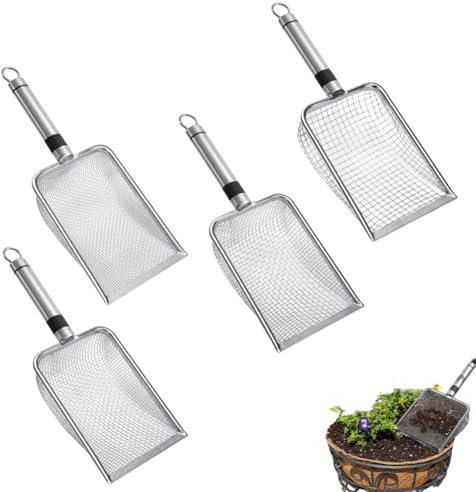 Ruioomeep Lot de 4 tamis de jardin en acier inoxydable - Maille fine de 2/2,8/3,8/5 mm - Avec poignée - Multifonctionnel - Pour le jardin, le sable, la terre, le compost - Outil de jardin