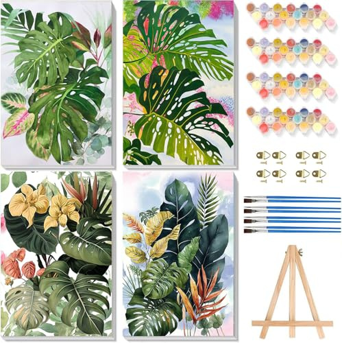 4 piezas de pintura por números adultos con marco – Pintura por números adultos principiantes, plantas de pintura por números, DIY pintadas a mano para regalo, decoración de pared del hogar, 20 x 30