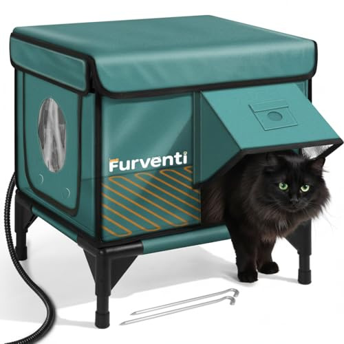 Heated Cat House for Outdoor Cats, Waterproof Insulated Outdoor Cat House with Heating Pad, Weatherproof Elevated Heated Cats House for Outside Feral Cats(Deep Green, 16.5 L x 12 W x 18 H)