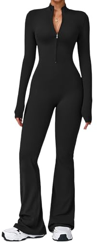 ECUPPER Womens Long Sleeve Yoga Jumpsuit Zip Up Gym Unitard Full Length Bodysuit Flared One Piece Romper Black L