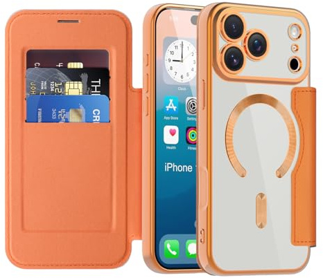 QIWEIQING Magnetiskt fodral för iPhone 17 Pro, kompatibelt med MagSafe, plånboksfodral i PU-läder med RFID-blockerande kreditkortshållare, genomskinligt fodral för iPhone 17 Pro 6,3 tum. Orange JDC