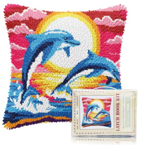 FREEBLOSS Dolphin Pattern Latch Hook Kit 17x17 Inch | Pre Printed DIY Crochet and Latch Kits Pillow Cover for Home Sofa Decoration Includes Instructions for Adults Beginners